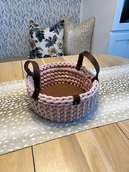 Handmade crochet decorative basket with 10" round wood bottom and genuine leather handles - BasketsandBlanketsNJ