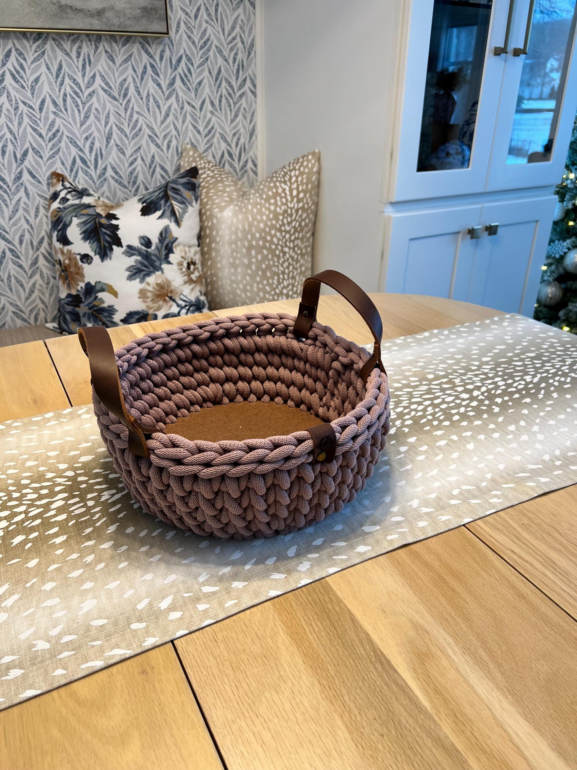 Handmade crochet decorative basket with 10" round wood bottom and genuine leather handles - BasketsandBlanketsNJ