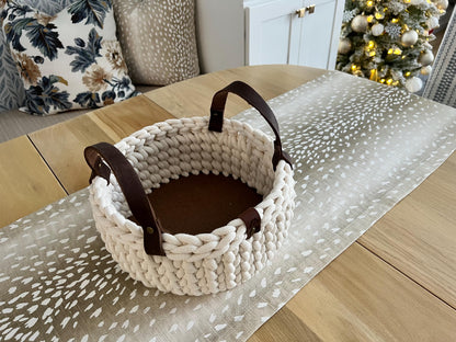 Handmade crochet decorative basket with 10" round wood bottom and genuine leather handles - BasketsandBlanketsNJ