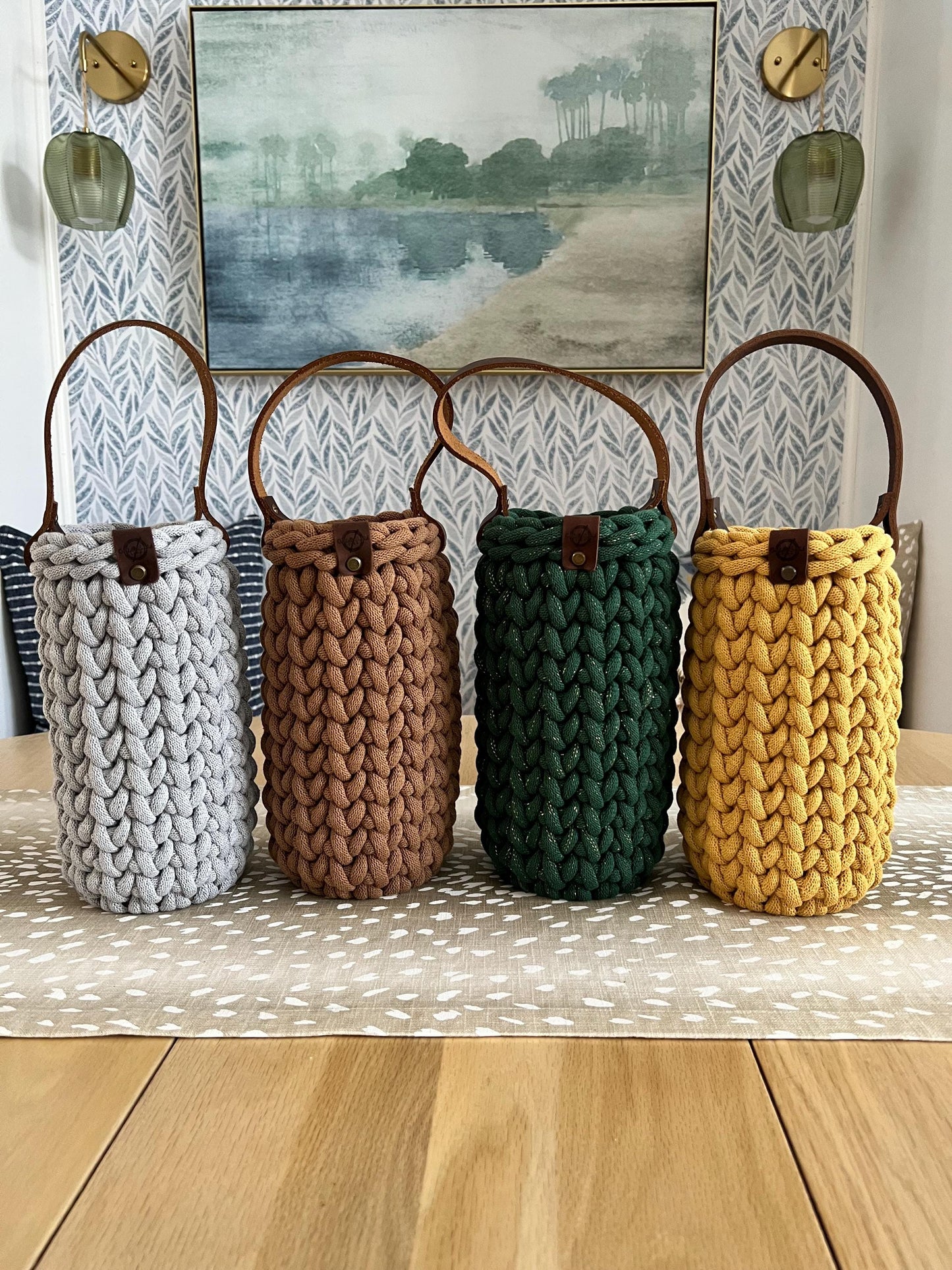 Wine bottle carrier, handmade crochet chunky wine carrier with wood bottom and genuine leather handle - BasketsandBlanketsNJ