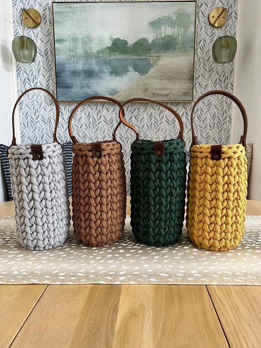 Wine bottle carrier, handmade crochet chunky wine carrier with wood bottom and genuine leather handle - BasketsandBlanketsNJ