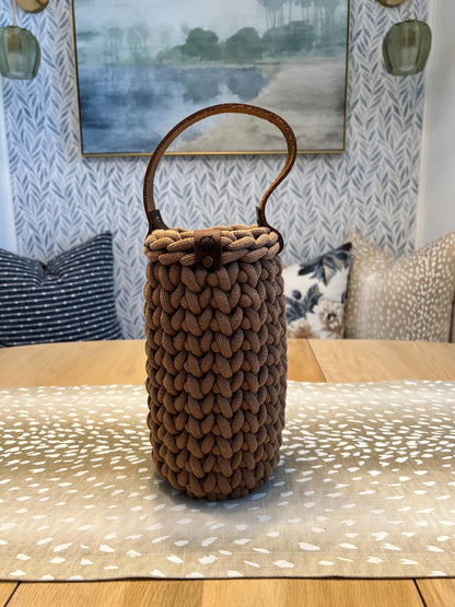 Wine bottle carrier, handmade crochet chunky wine carrier with wood bottom and genuine leather handle - BasketsandBlanketsNJ