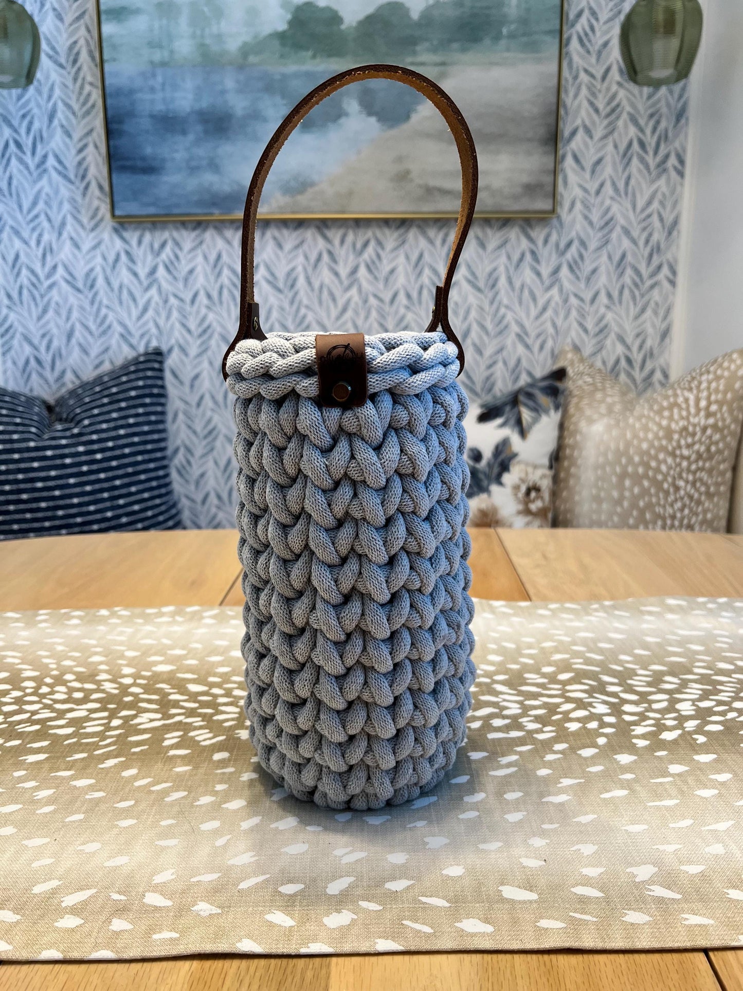 Wine bottle carrier, handmade crochet chunky wine carrier with wood bottom and genuine leather handle - BasketsandBlanketsNJ