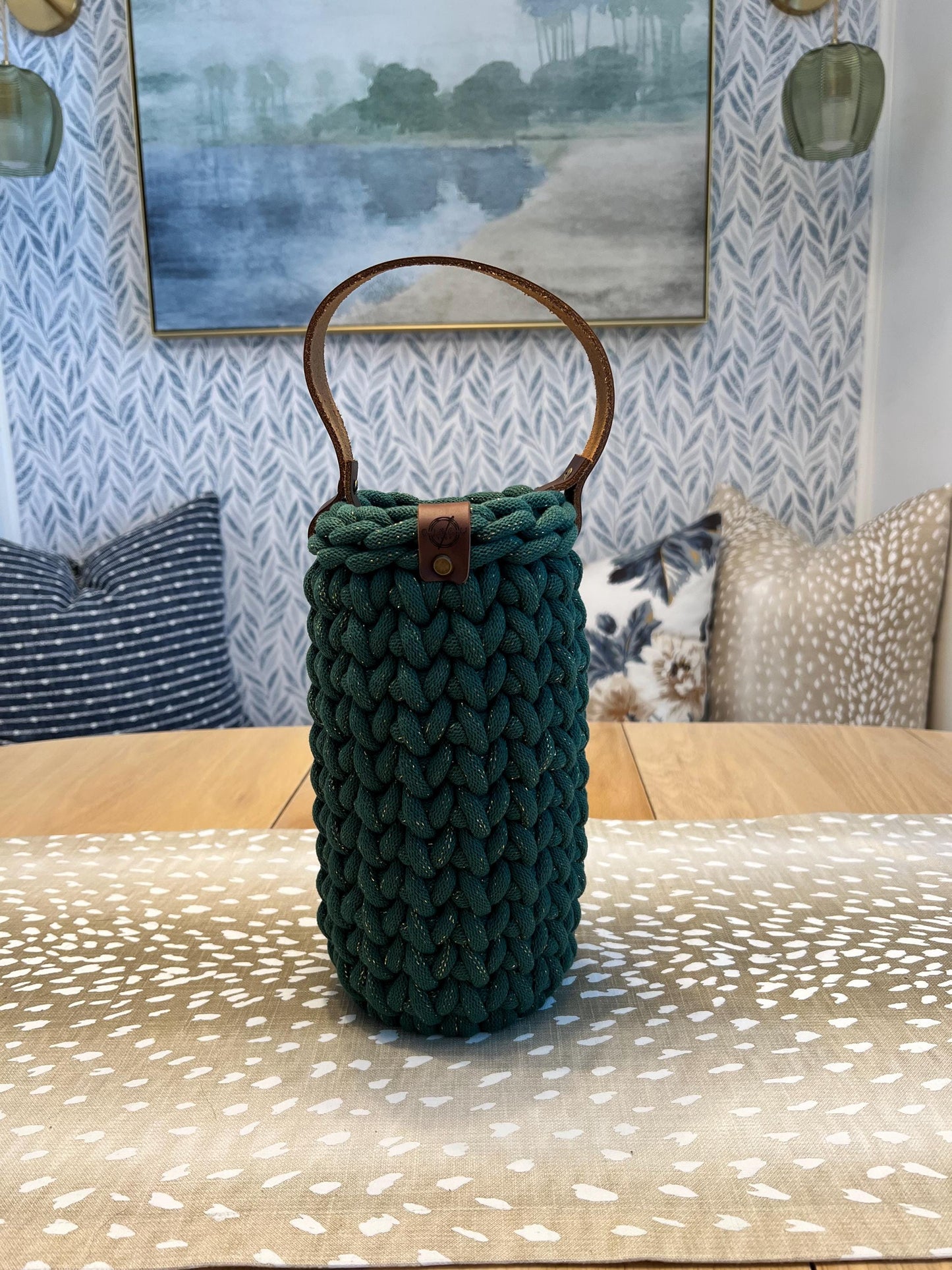 Wine bottle carrier, handmade crochet chunky wine carrier with wood bottom and genuine leather handle - BasketsandBlanketsNJ