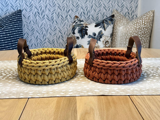 Handmade crochet decorative basket with 8" round wood bottom and genuine leather handles - BasketsandBlanketsNJ