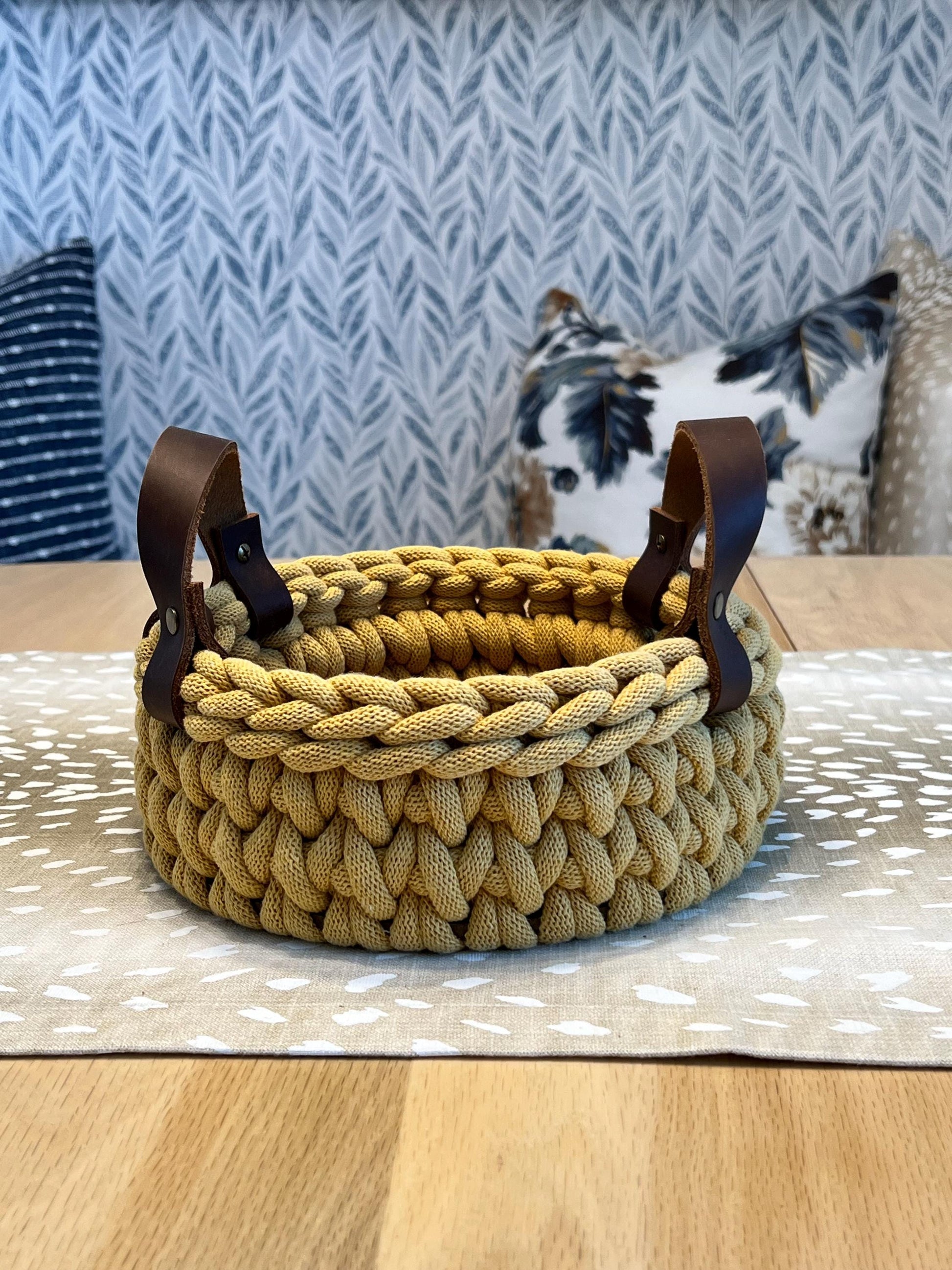 Handmade crochet decorative basket with 8" round wood bottom and genuine leather handles - BasketsandBlanketsNJ