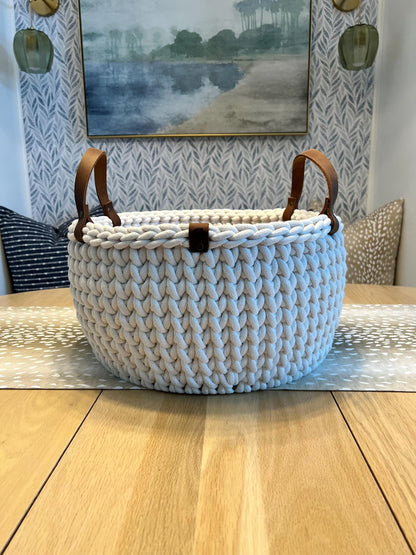 Handmade crochet decorative basket with 14" round wood bottom and genuine leather handles - BasketsandBlanketsNJ