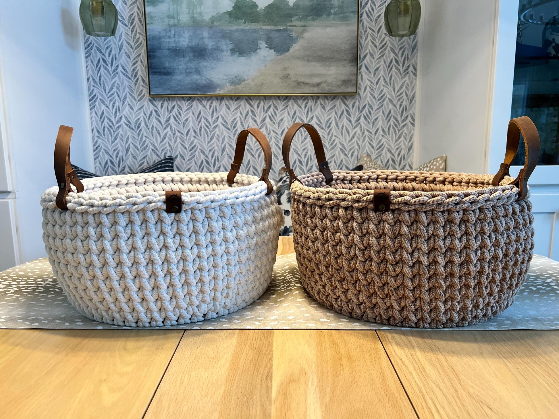 Handmade crochet decorative basket with 14" round wood bottom and genuine leather handles - BasketsandBlanketsNJ