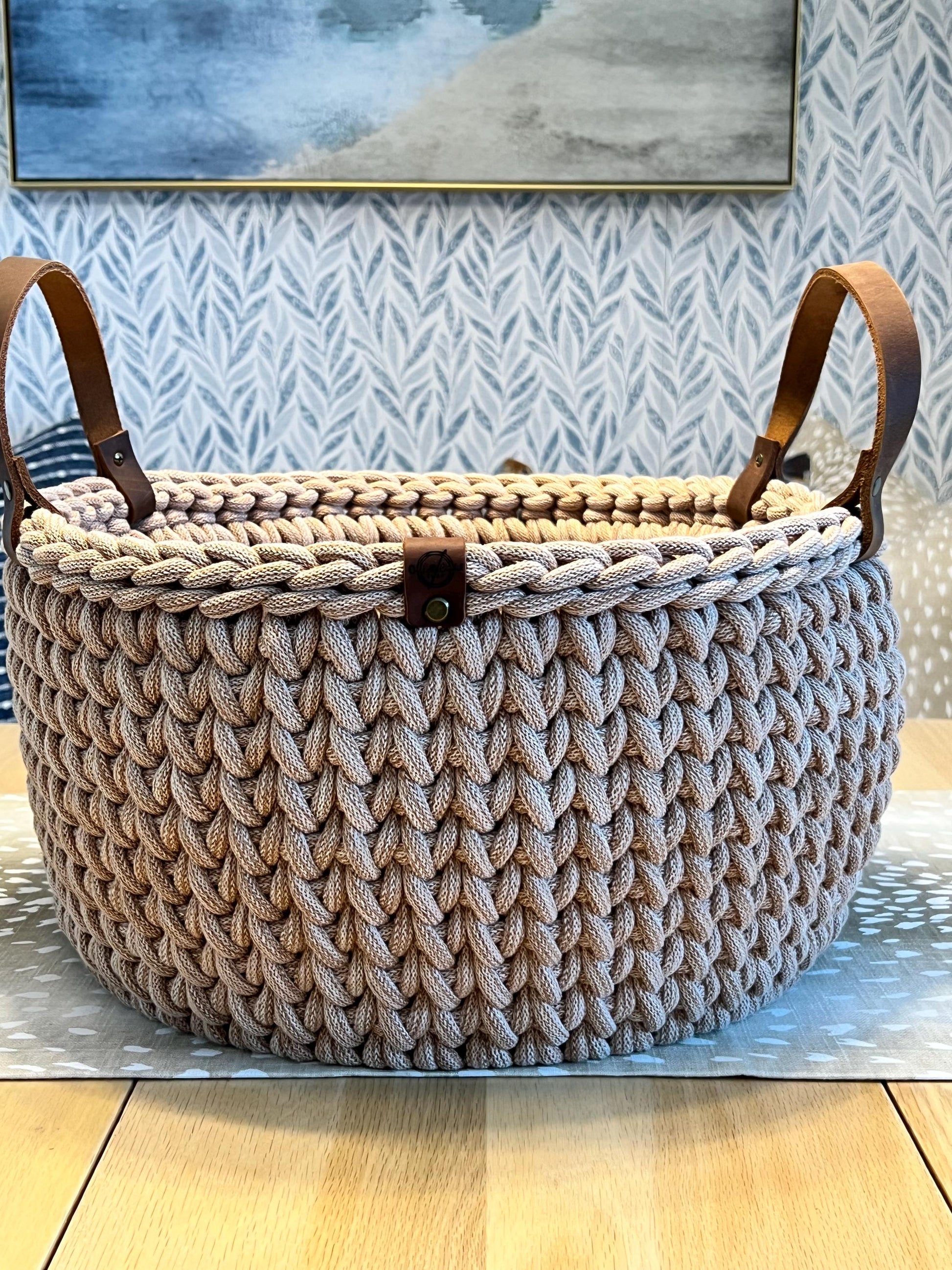 Handmade crochet decorative basket with 14" round wood bottom and genuine leather handles - BasketsandBlanketsNJ