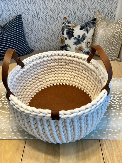 Handmade crochet decorative basket with 14" round wood bottom and genuine leather handles - BasketsandBlanketsNJ
