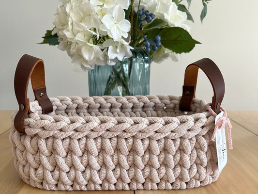 Handmade chunky crochet basket, Oval crochet basket, Wood bottom basket, Leather handle basket, Made to order - BasketsandBlanketsNJ