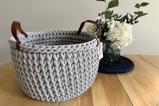 14" Handmade chunky crochet basket, Round crochet basket, Wood bottom basket, Leather handle basket, Made to order - BasketsandBlanketsNJ