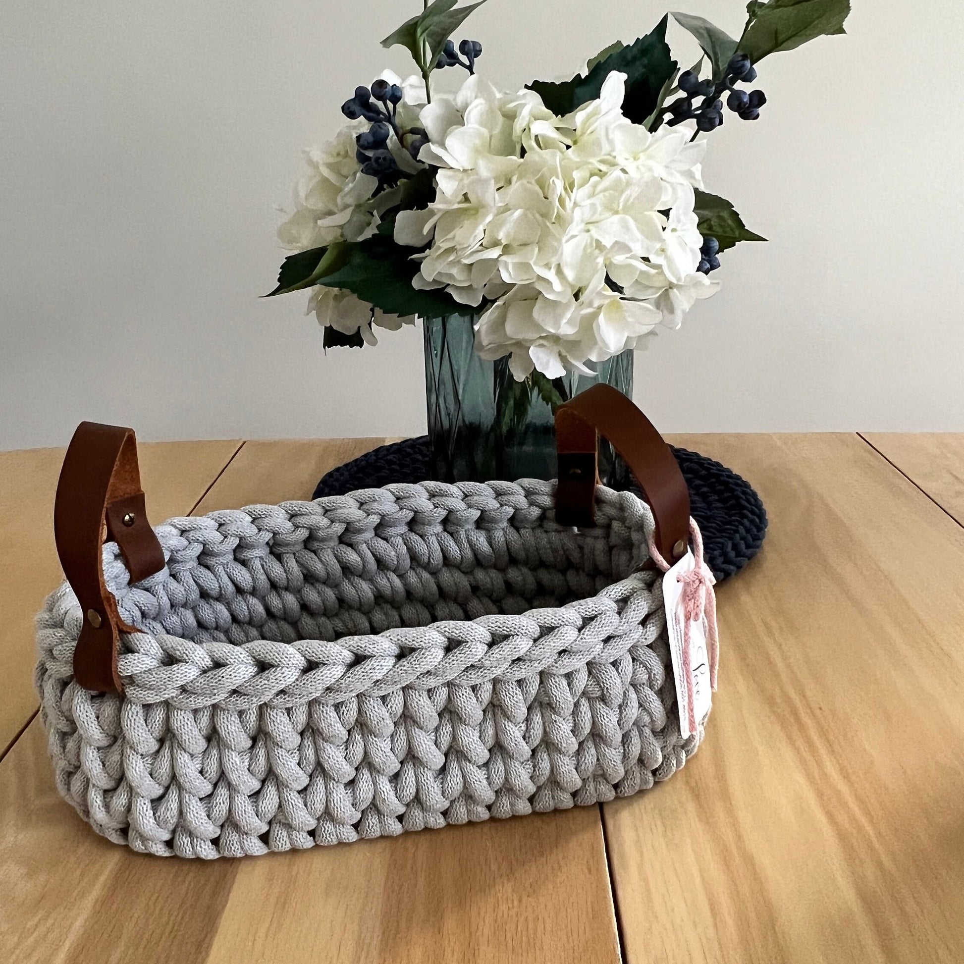 Handmade chunky crochet basket, Oval crochet basket, Wood bottom basket, Leather handle basket, Made to order - BasketsandBlanketsNJ