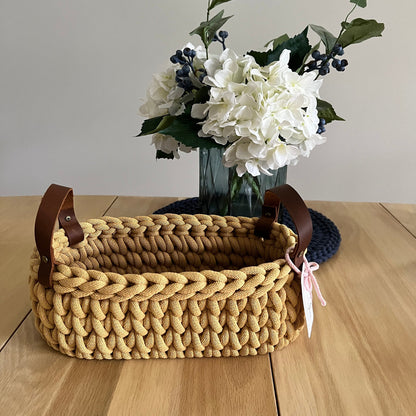 Handmade chunky crochet basket, Oval crochet basket, Wood bottom basket, Leather handle basket, Made to order - BasketsandBlanketsNJ