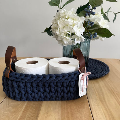 Handmade chunky crochet basket, Oval crochet basket, Wood bottom basket, Leather handle basket, Made to order - BasketsandBlanketsNJ