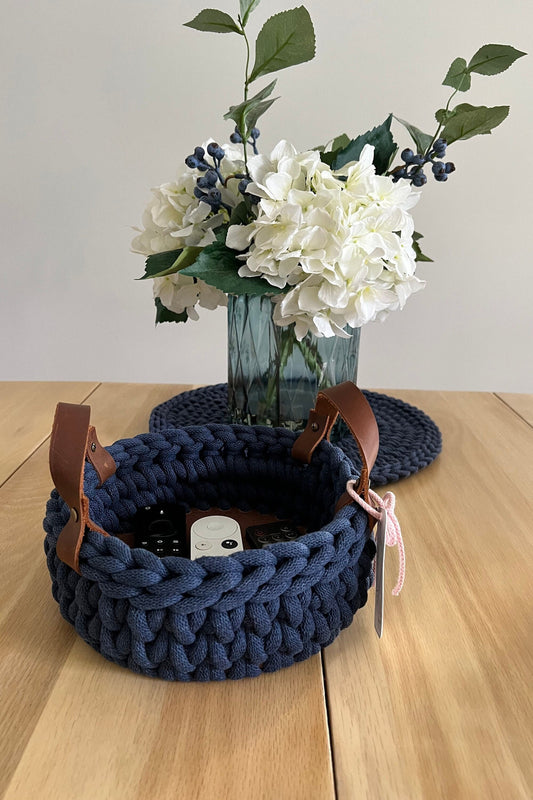 8" Handmade chunky crochet basket, Round crochet basket, Wood bottom basket, Leather handle basket, Made to order - BasketsandBlanketsNJ